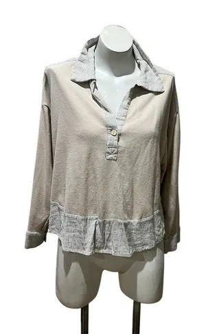 Bohme Womens Collared Henley Pullover Sweatshirt Beige Contrast Trim S thumbnail 1