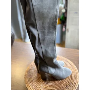 Grey Suede Over The Knee Block Heel Boots Pointed Toe Side Zip Tall‎ Boots thumbnail 2
