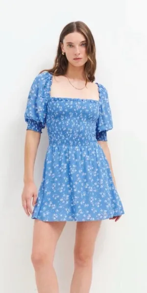 Reformation Elle Floral Puff Sleeves Smocked Bodice Square Neck Mini Dress Sz 0 thumbnail 1