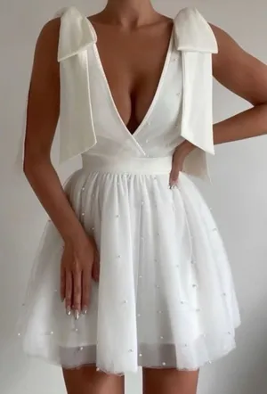 NWT SHOWPO Karalyn mini dress- bow strap plunge pearl detail thumbnail 1