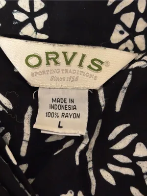 Orvis Women’s Large Black White Batik Print Rayon Button Front Shirt thumbnail 2