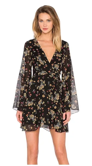 Free People Lilou Mini Dress Womens Medium Black Floral Kimono Boho Flowy thumbnail 1