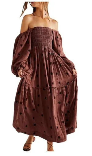 Free People Dahlia Embroidered Maxi Dress brown off the shoulder embroider S thumbnail 1