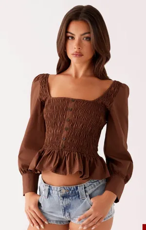 Peppermayo Joyce Long Sleeve Cotton Shirred Top - Chocolate thumbnail 1