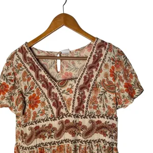 BOHO Paisley Babydoll Mini‎ Dress Size XS Orange Ruffle Festival Western Cottage thumbnail 3