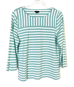 Talbots Aqua White Stripe 3/4 Sleeve Top Button Detail 100% Cotton Womens Large thumbnail 1