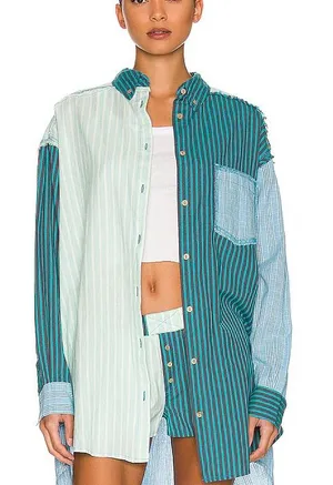 FREE PEOPLE Rags To Riches Striped‎ Patchwork Button-Down Shirt thumbnail 1