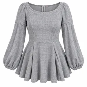Luxxel Womens Large Gray Textured Knit Skater Mini Dress Bishop Sleeve Lined thumbnail 1