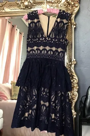 Anthropologie T1 The Letter dark blue lace peplum skater dress thumbnail 4