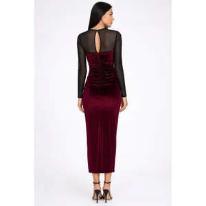 New! Amanda Uprichard Burgundy Velvet‎ Mesh Midi Dress Ruched Long Sleeve Small thumbnail 2