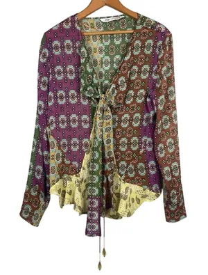 Zara Studio Boho Printed Long Sleeve‎ Blouse with Tie Detail Size M Medium Boho thumbnail 1