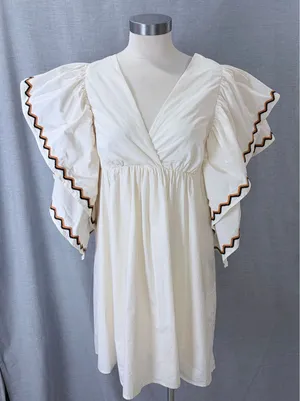 La Lavon Mini Dress Cream Embroidered Flutter‎ Sleeve Empire Waist Large L thumbnail 1
