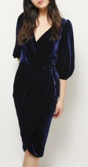 Lucy Paris Blue Velvet Puff Sleeve Surplice Neck Pleated True Wrap Dress Size XS thumbnail 1