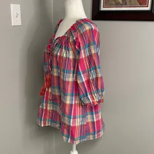 Sundance Tender Plaid tie neck ruffle blouse size large pink blue boho feminine thumbnail 3