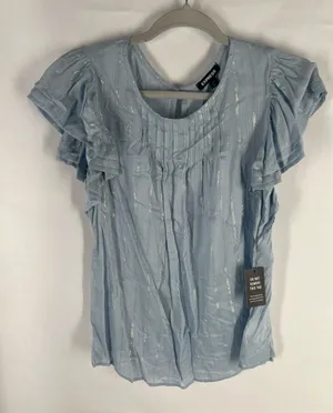 Express NWT Metallic Stripe Flutter Sleeve Pintuck Blouse Blue Size M thumbnail 1