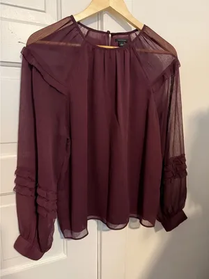 Ann Taylor Purple Crinkle Chiffon Ruffle Long Sleeve Blouse Size L thumbnail 1