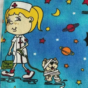 Vtg 90s Eureekas Castle Halloween Scrub Top small Cute Cartoon Teal Blue Nurse thumbnail 5