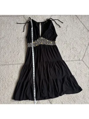 Black Embellished Empire Waist Dress Beaded Tiered Skirt with Tie Straps thumbnail 6