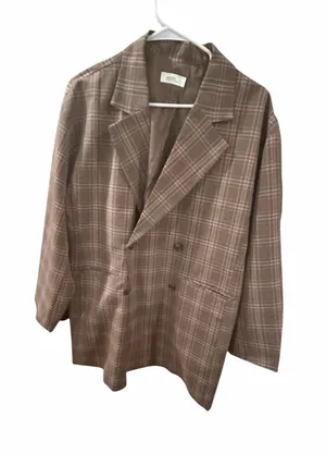 Earth Women’s Plaid Brown Double-Breasted Blazer Suit Jacket thumbnail 1
