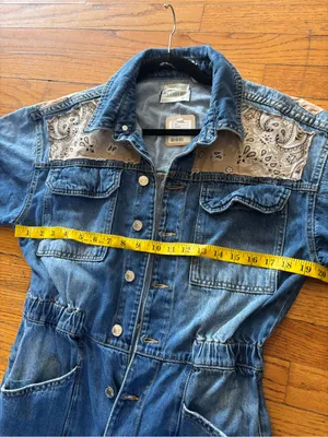 We The Free Blue Denim Short-Sleeve Jumpsuit with Tan Bandana Panels thumbnail 13