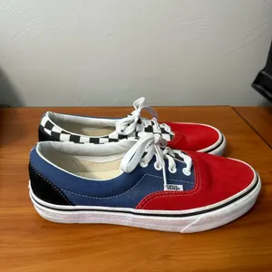 Vans Authentic Low Top Color Block Red Blue Checkerboard Suede Lace Up Sneaker‎ thumbnail 3
