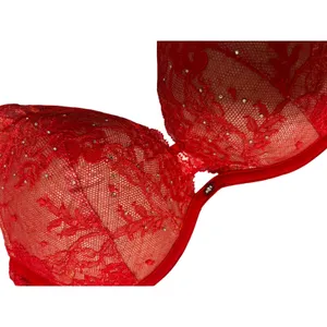 Victoria's Secret 32D Red Lace Push-Up Bra Rhinestone Detail‎ Padded Underwire thumbnail 2
