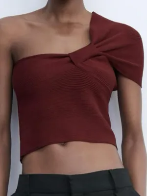 Zara Off-the-Shoulder Asymmetrical Ribbed Top Size Large thumbnail 1