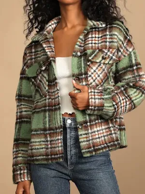 Lulus Women’s Sit Fireside Green Plaid Shacket Size XS thumbnail 1