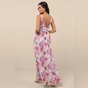 LULU’S Morgana Pink Multi Floral Satin Pleated Maxi Dress thumbnail 6
