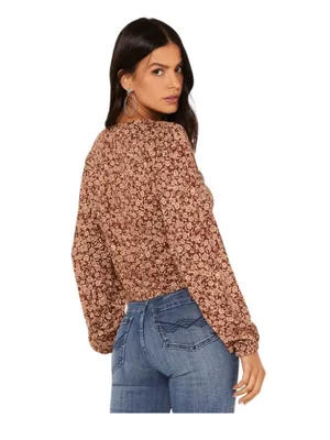 IDYLLWIND BY MIRANDA LAMBERT Brown Tan Floral Print Ruched Long Sleeve Top S thumbnail 2
