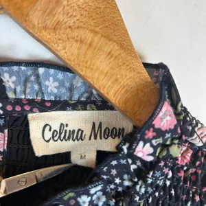 Celina Moon Floral Smocked Mock Neck Puff Sleeve Babydoll Mini Dress Medium thumbnail 3