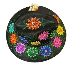 HAT MEXICAN Artisanal Hand Painted Fedora Floral Sombrero Panama Bohemian Black thumbnail 1