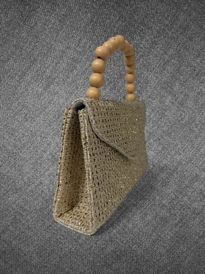 Metallic Gold Woven Envelope Handbag With Wooden Bead Handle And Chain Strap thumbnail 2