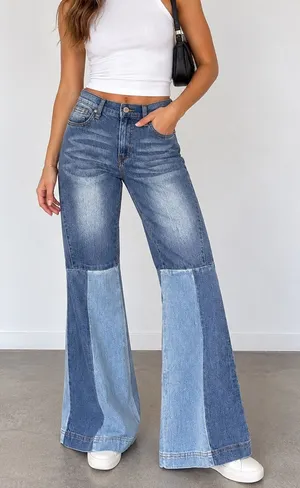VENUS Patchwork Two Tone Flare Jeans High Rise Wide Leg Denim. Size 6 thumbnail 1