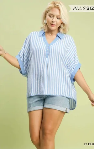 New! Umgee Plus Size Light Blue Striped V-Neck Button Front Top Size X Large thumbnail 1