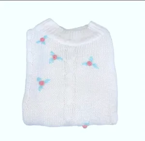 Vintage White Cable Knit Rosette Sweater Pink Mint Green Floral M Pastel Cottage thumbnail 3