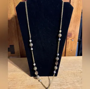 Long Layered Gold Tone Beaded Cross Rhinestone Necklace thumbnail 4