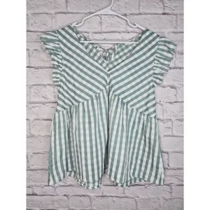 &merci Gingham Peplum Blouse Size L Green White Ruffle Cap Sleeve Tie Back Top thumbnail 3