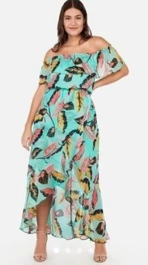 Express Size S Off-Shoulder Aqua Tropical Floral Maxi Dress thumbnail 1