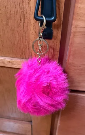 Faux Fur Pom Keychain - Hot Pink with gold accents thumbnail 1