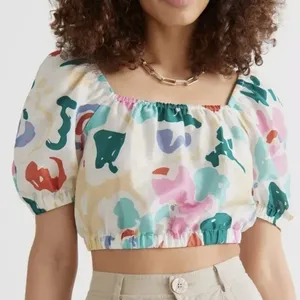 & Other‎ Stories Cropped Top Small Multicolor Abstract Puff Sleeve Elastic Hem thumbnail 1