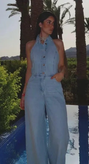Zara jumpsuit denim halter wide leg open back bohemian casual summer thumbnail 2
