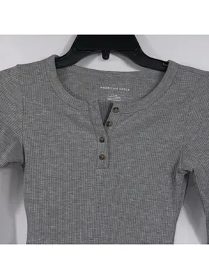 American Eagle Small Gray Ribbed Henley Bodysuit Long Sleeve thumbnail 2