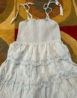 American Eagle Light Blue Eyelet Ruffle Smocked Tie Sleeve Mini Dress Medium thumbnail 2