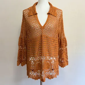 Cato Crochet Tunic Top L Rust Orange Cotton Open Knit Boho Vacation Festival thumbnail 2