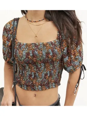 Free People Boho Smock Back On Top Multicolor Floral Puff Sleeve Crop Top Sz S thumbnail 3