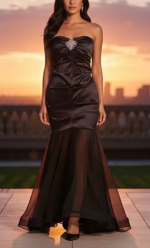 Faviana Black Ruched Satin Mermaid Dress Size 1/2 Prom Formal thumbnail 1
