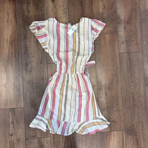 American Eagle Linen Blend Cream Pink Wrap Mini Ruffle Dress Women’s Size M NWT thumbnail 6