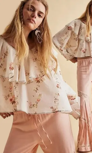 Free People Dainty Ethereal Ruffle Camilla Floral Gauze Blouse Medium Cottage thumbnail 1