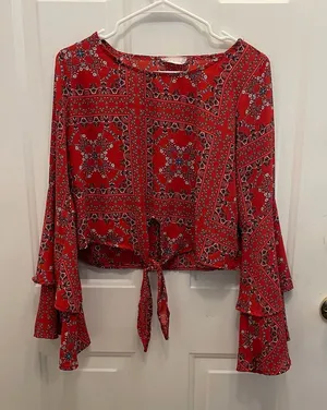 Altar'd State Red and Blue Bell‎ Sleeve Crop Blouse thumbnail 1